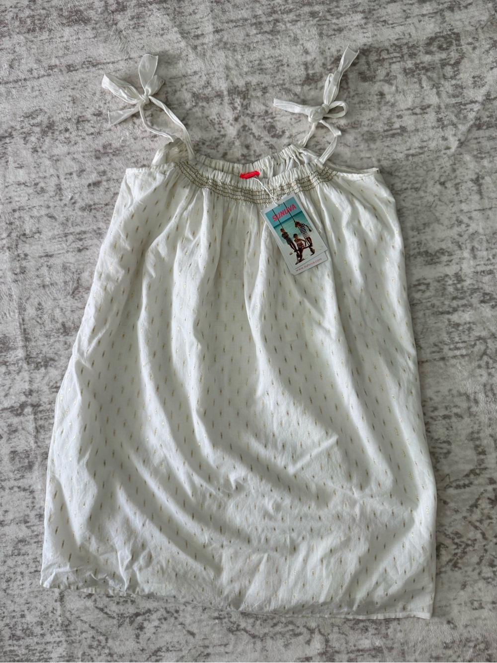Girls' Cream Tie-Shoulder Casual Dress with Gold Dot Accents